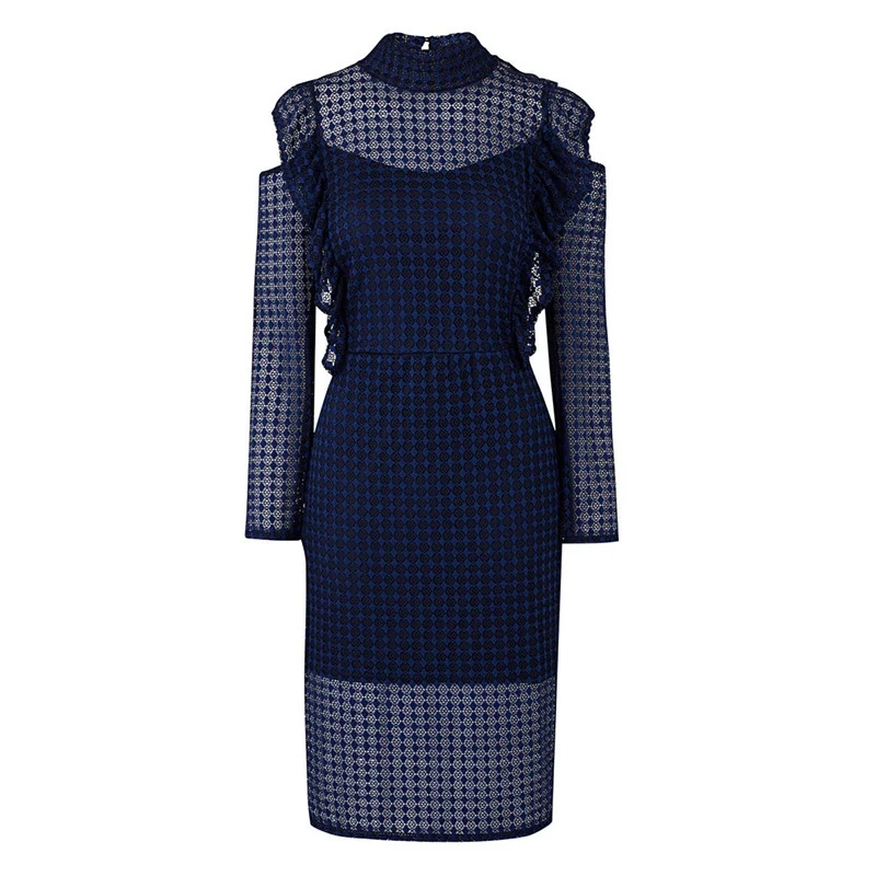 Plus Size Elegant Sexy Hollow Ruffle Lace Bodycon Party Dresses for Women Fashion Off Shoulder Long Sleeve Club Midi Dress Robe