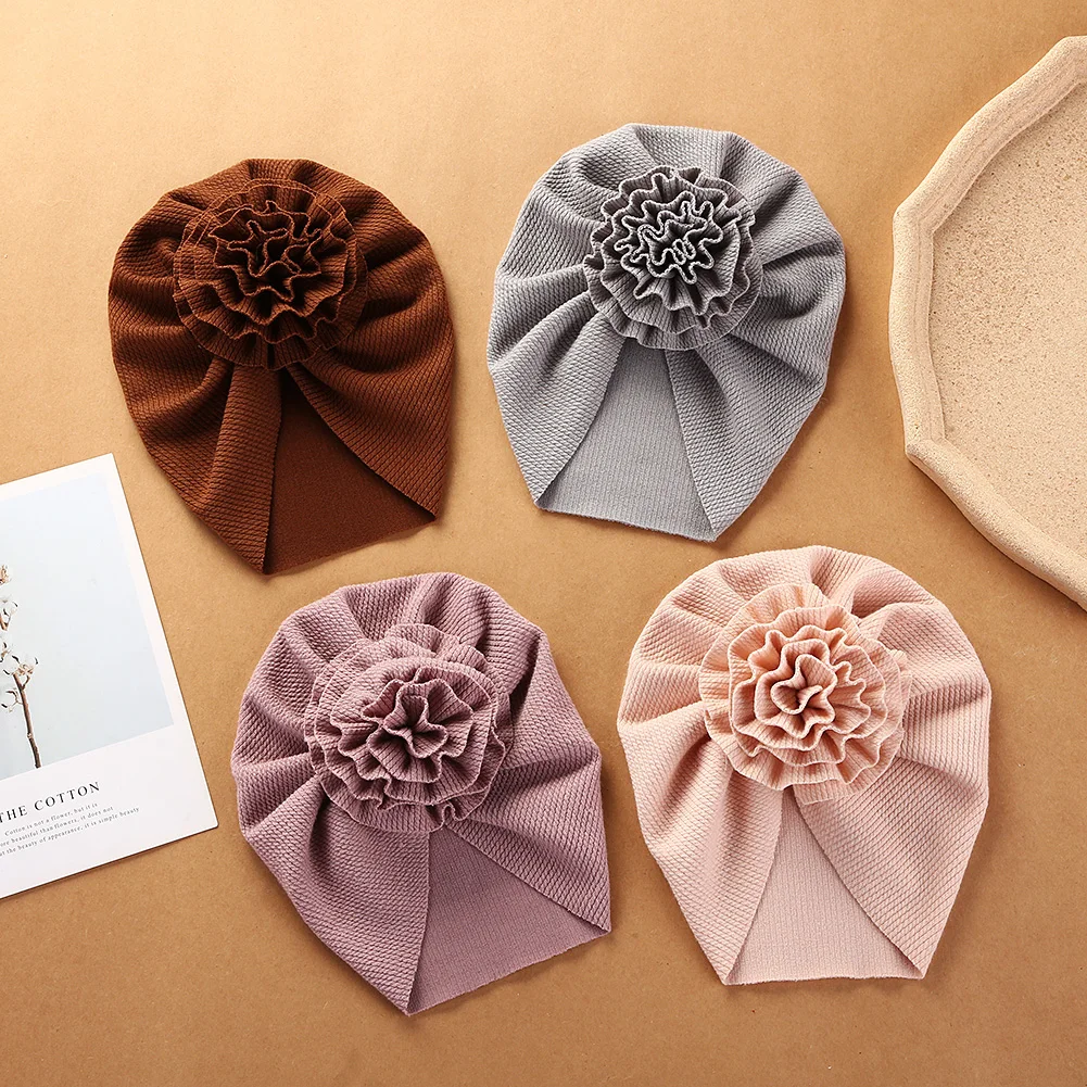 Big Blossom Flower Ribbed Turban Baby Hats Topknot Cotton Cap Toddler Boy Girl Headwraps Bonnet Newborn Beanies Kids Accessories 3