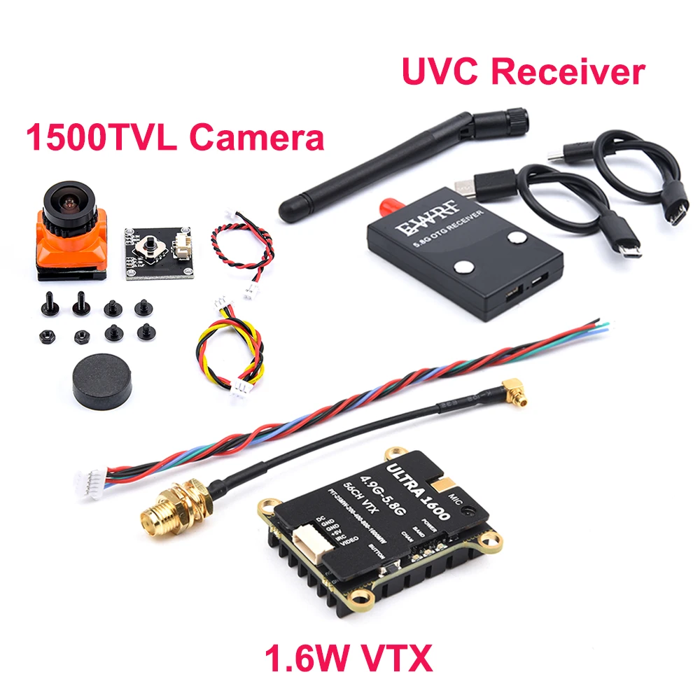 Le kit émetteur vidéo FPV et caméra UVC 1.6W/2.5W 1000TVL/1500TVL pour drone, déballé avec accessoires.
