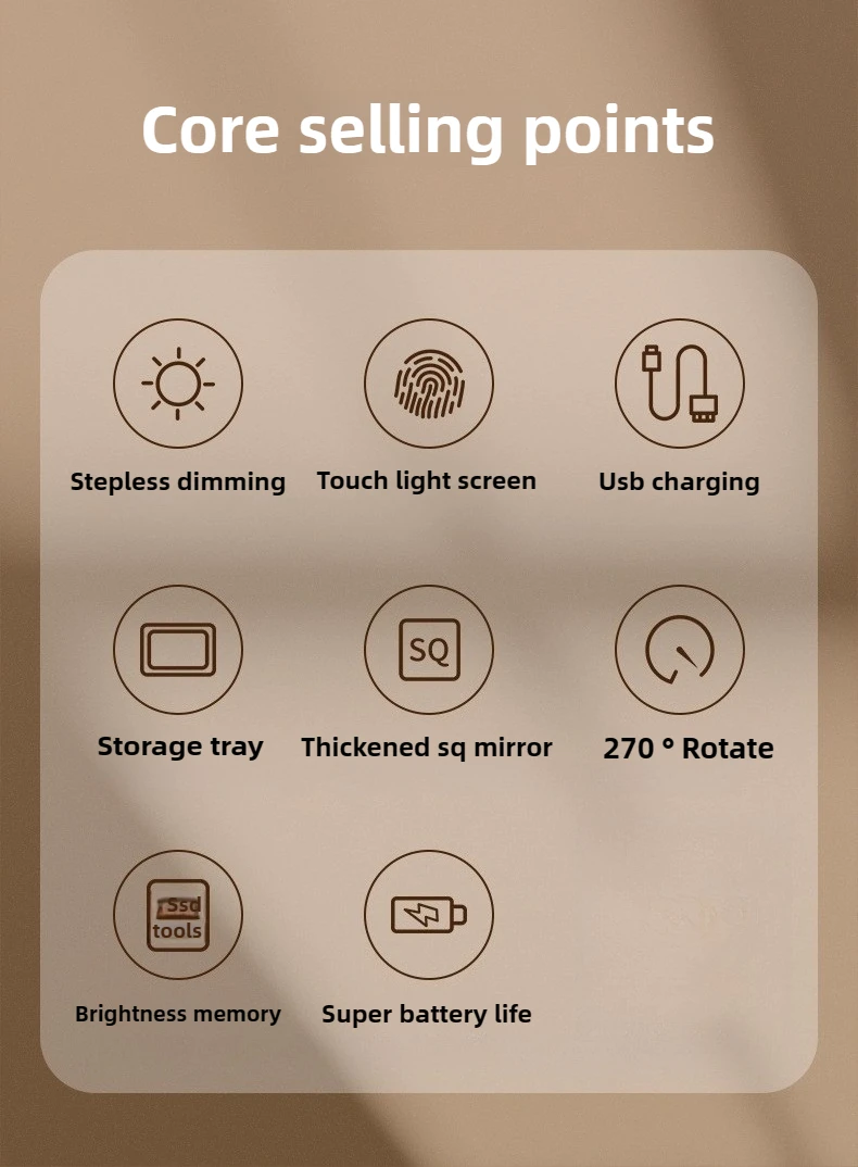 Tabletop LED vanity mirror with adjustable rotating function.