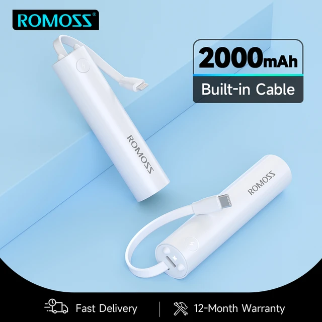 Romoss-Mini banco de energía con Cable Lightning tipo C integrado, cargador  portátil de 2000mAh, batería