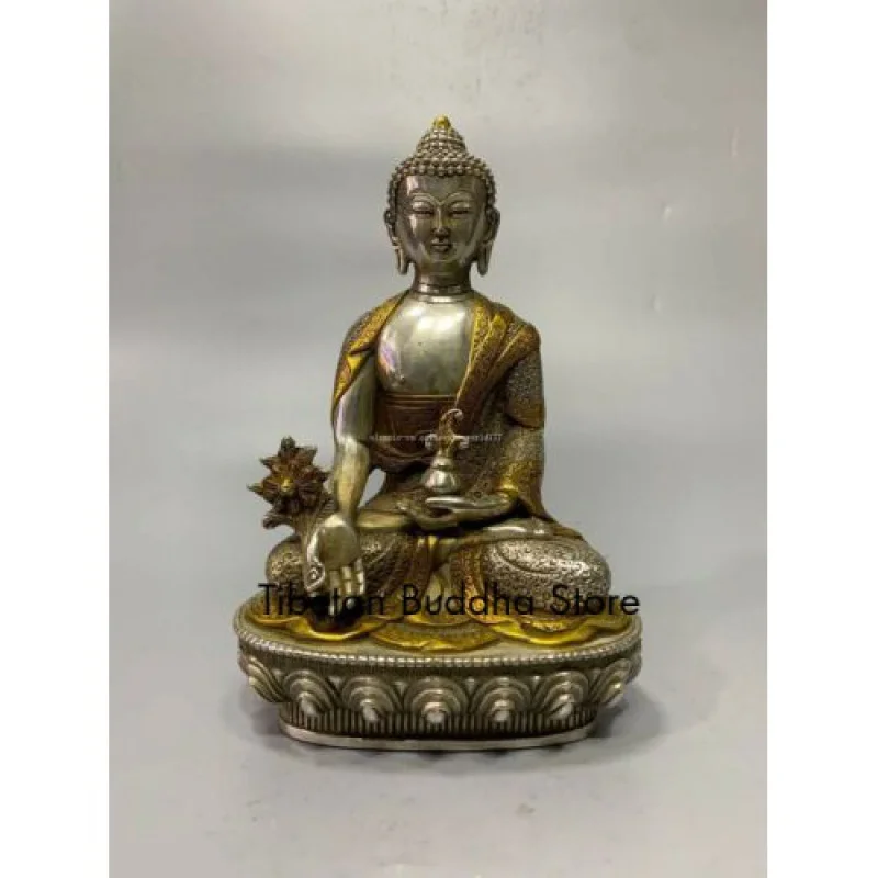 

8-дюймовый бронзовый медный позолоченный серебряный фотоэлемент Будды Медицины