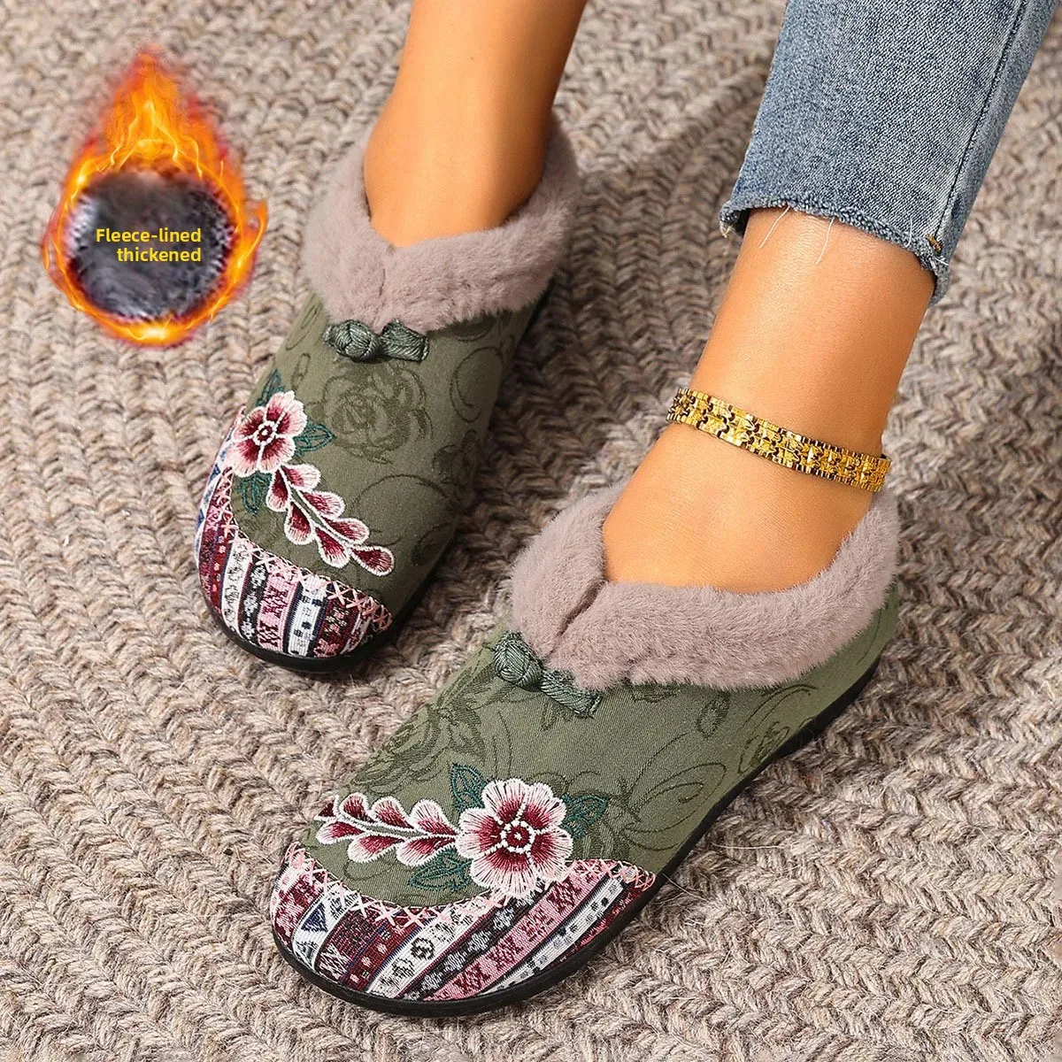 Women's Winter Cotton Slippers Embroidered Slip-On Soft Bottom Warm Lightweight Shoes round Toe Short Plush Lined Flat Footwear