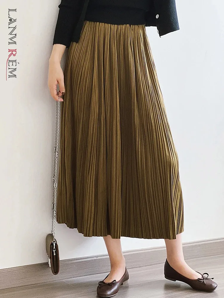 

LANMREM Pleuche Pleated Skirt Women Elegant High Waist A-line Solid Color Mid Length Skirts Fashion 2023 Winter New 2AA3963