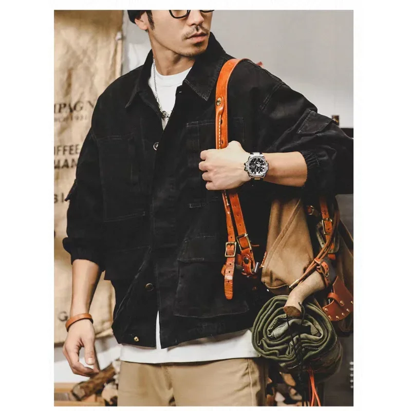 Vintage Men's Tooling Jacket Coat Men's Inch Shirt Coat Loose Large Size Spring and Autumn Lapel Street Casual Denim Jacket Coat