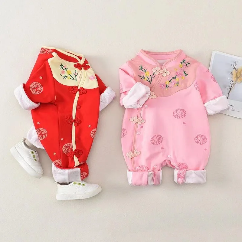 Baby Girl Flower Pattern Chinese Style Thermal Warm Jumpsuit