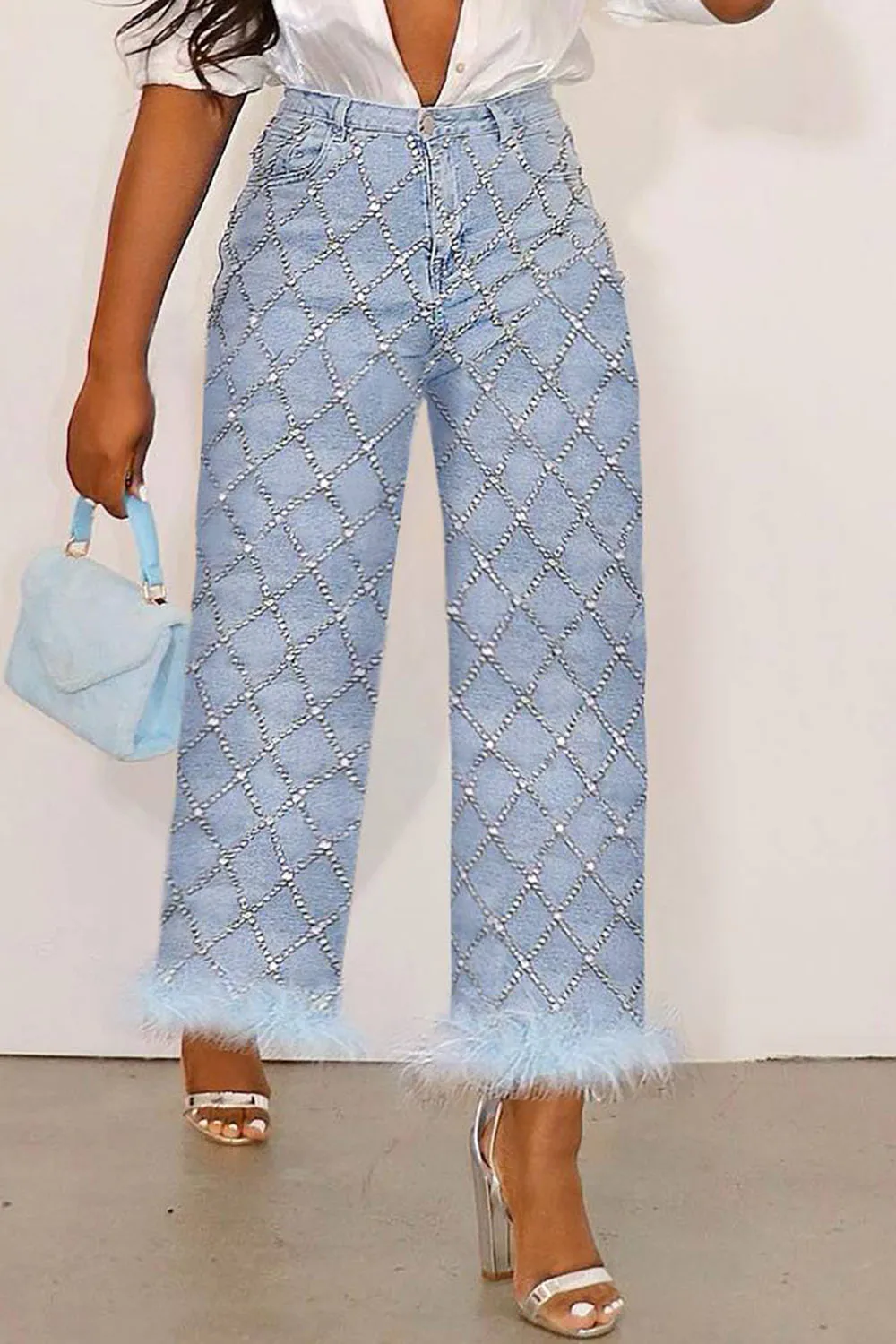 thumbnail image 1 of Pantalones vaqueros de moda para mujer, de talla grande, de uso diario, de mezclilla azul claro, de cintura alta, con perforación, pierna recta, vaqueros con plumas, hasta los tobillos, 1 of 4