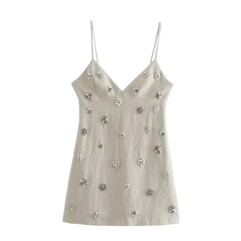 Frauen Chic Mode Ärmelloses Lnlay Mini Kleid Vintage Dünnen Trägern Sommer Weibliche Kleider Vestidos Mujer – Detail 1