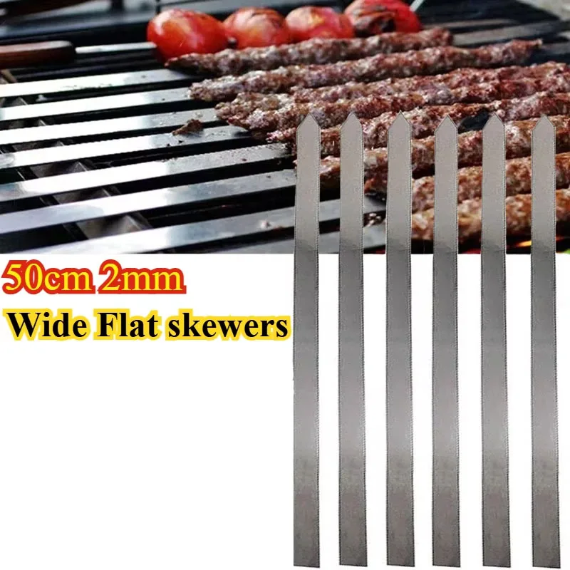 18pcs 50cm Wide No-Wood Handle Flat Stainless Steel Skewers Shish Kebab Turkish Persian Grills Iranian Brazilian BBQ Tools