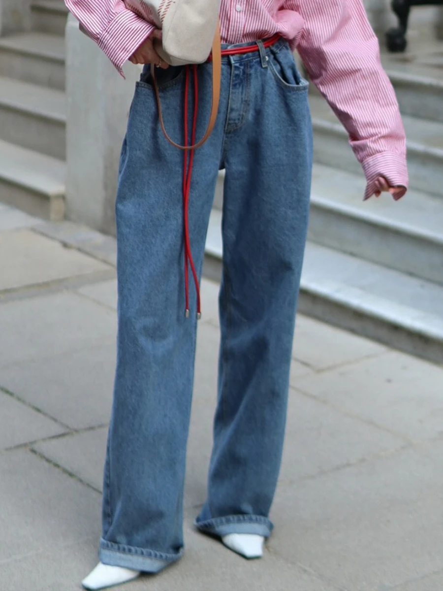 Bornladies Women's New 2025 Autumn Trendy Wide Leg Jeans Loose Straight Leg Floor  Length Retro Cotton Jeans