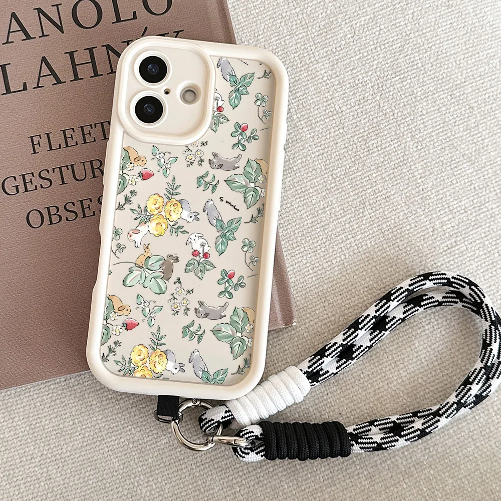 Floral Rabbit Phone Case with Wrist Chain Lanyard