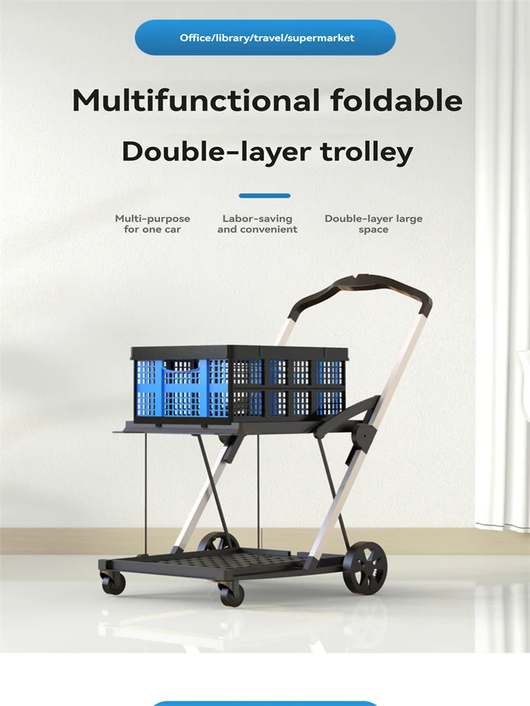 Powertime Large Folding Shopping Trolley Cart – 40kg Capacity, Rolling Storage Box With Telescopic Handle