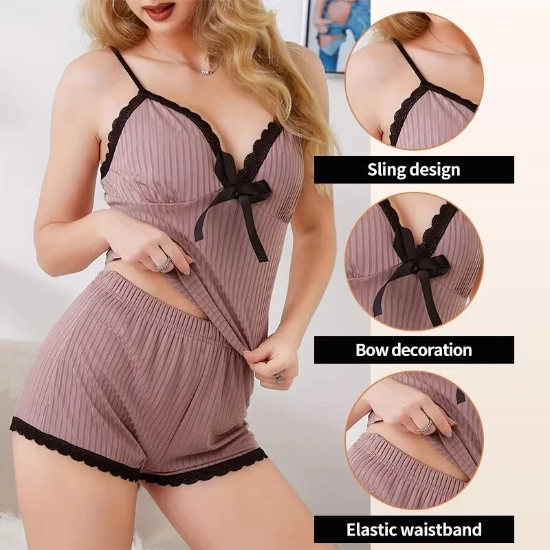 New Womens Sexy Ribbed Pajama Set Lace Trim Cami Top and Shorts Two Piece Sleepwear Loungewear V Neck with Bow Spaghetti Strap
