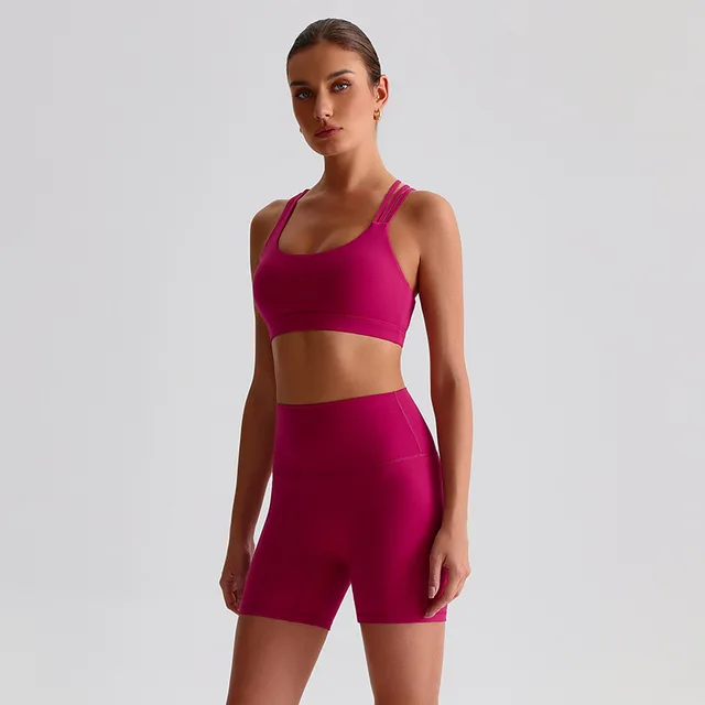Solid Color Gym Yoga Set Short Legging Cross Back Shoulder Strap Sport Bra Tracksuit Women Suit Comprehensive Training Athletic 2