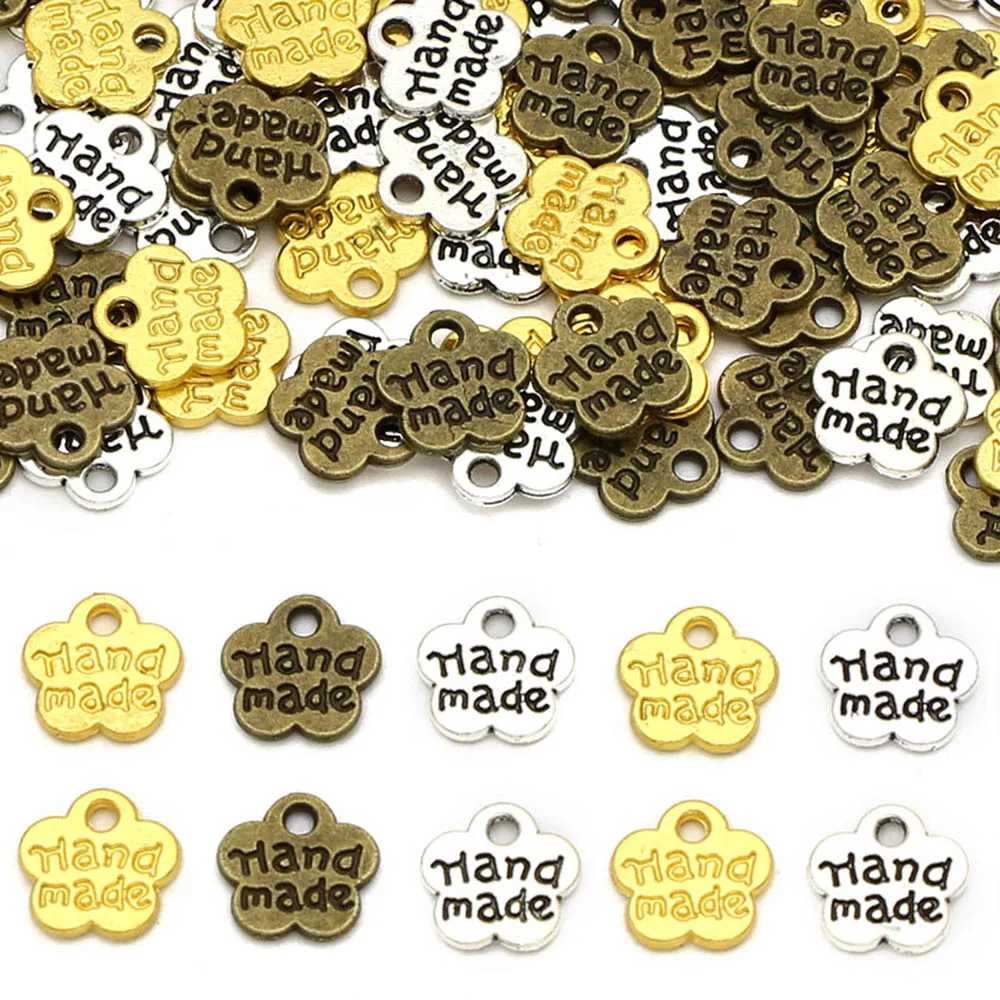 Packaging Labels Clothing Labels Garment Labels 50Pcs Plum Flowers Metal Labels For Jewelry Silver Bronze Handmade Labels 8*8MM Hand Made Tags For Hat/Bags Garment Accessories