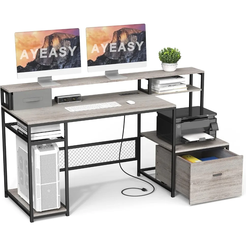 Home Office Desk with Monitor Stand Shelf, 66 inch Large Computer Desk with Power Outlet and USB Charging Port