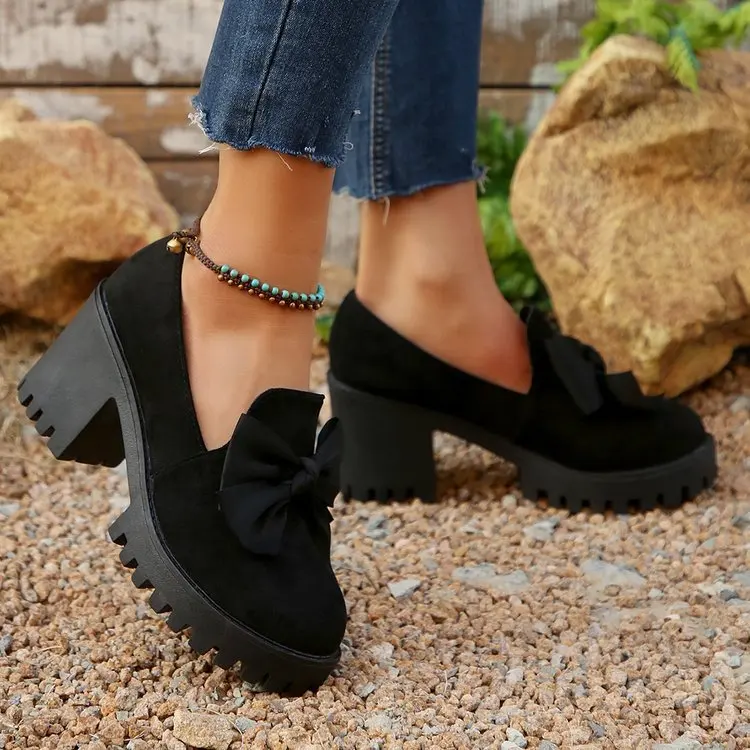 Black Suede Women's Loafers With Bow And Thick High Heel_voghion.com