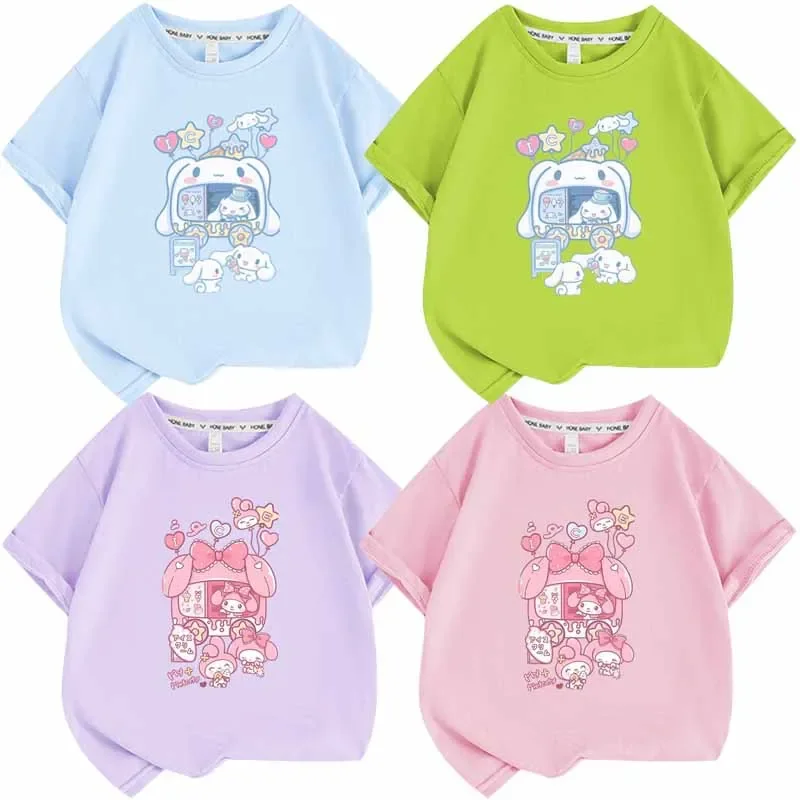 

Sanrios My Melody Cinnamoroll милый Принт для девочек футболка с коротким рукавом аниме мультфильм детская Летняя одежда топы с коротким рукавом