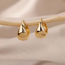 Stainless Steel Chunky Hoop Earrings For Women Friends Vintage Gold Color Geometry Water Droplets Earrings Simple Party Jewelry