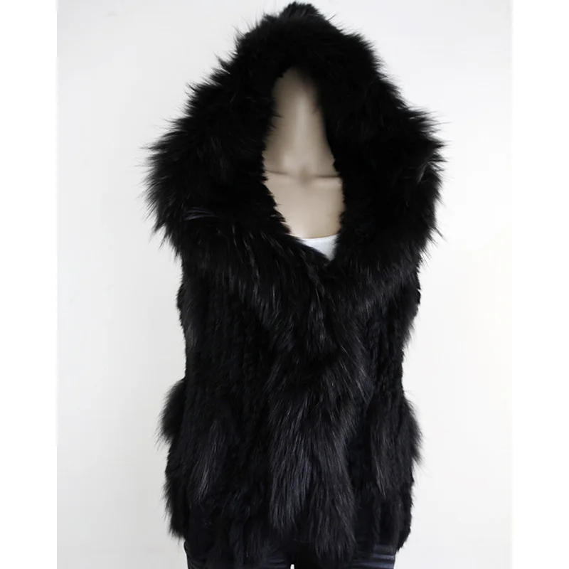 

Classic Fashion Women Rabbit Fur Vests With Fur Trim Hood Gilets Knitted Sleeveless Hooded Real Fur Waistcoats