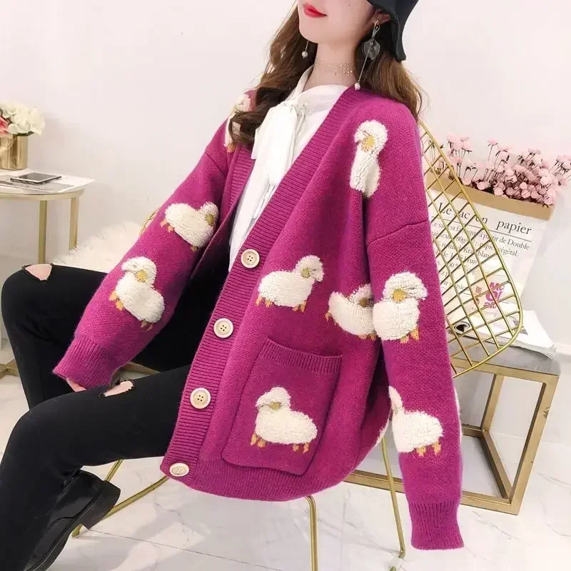 

Autumn and Winter Fashion Cartoon Little Sheep Jacquard Sweater Women's Large Loose Knit Cardigan Medium and Long Coat