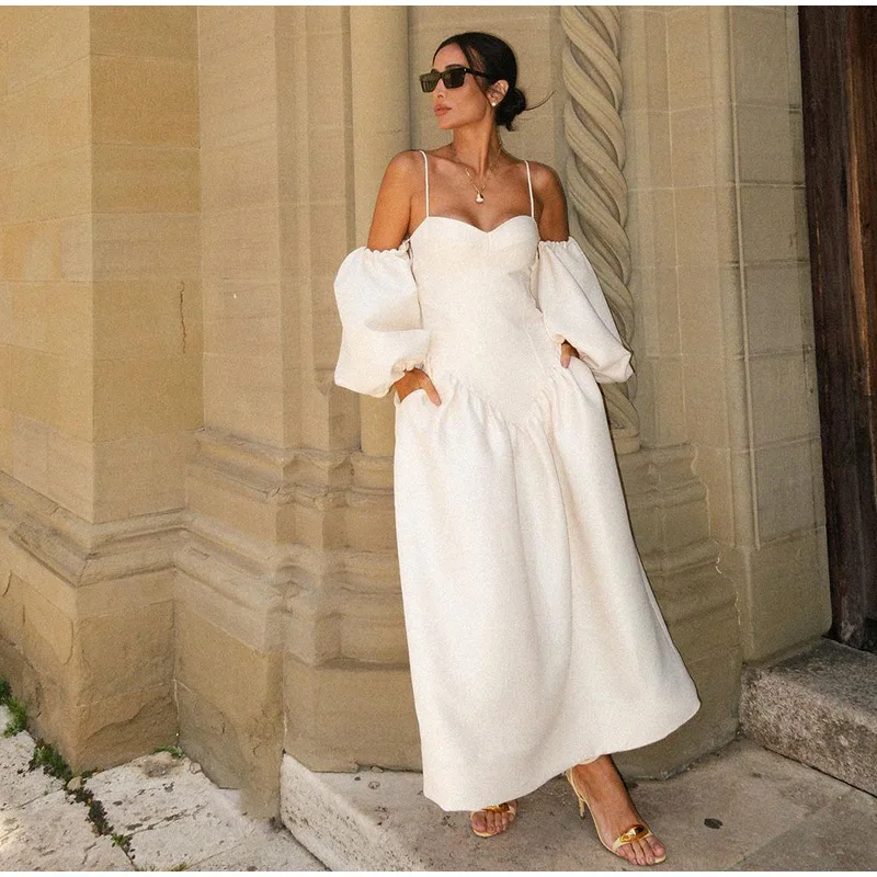 Elegant Puff Sleeve Sling Dresses Women Retro White Slim Fit Tube Dress Female Autumn Summer Versatile Street Party Evening