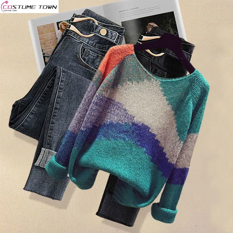 2023 New Large Women's Autumn and Winter Set Colored Loose Top Fashion Slim Fit Jeans Two Piece Set Fashion autumn winter colored chessboard lattice simple tassel fashion versatile new women scarf thickened warm defend cold collar shawl