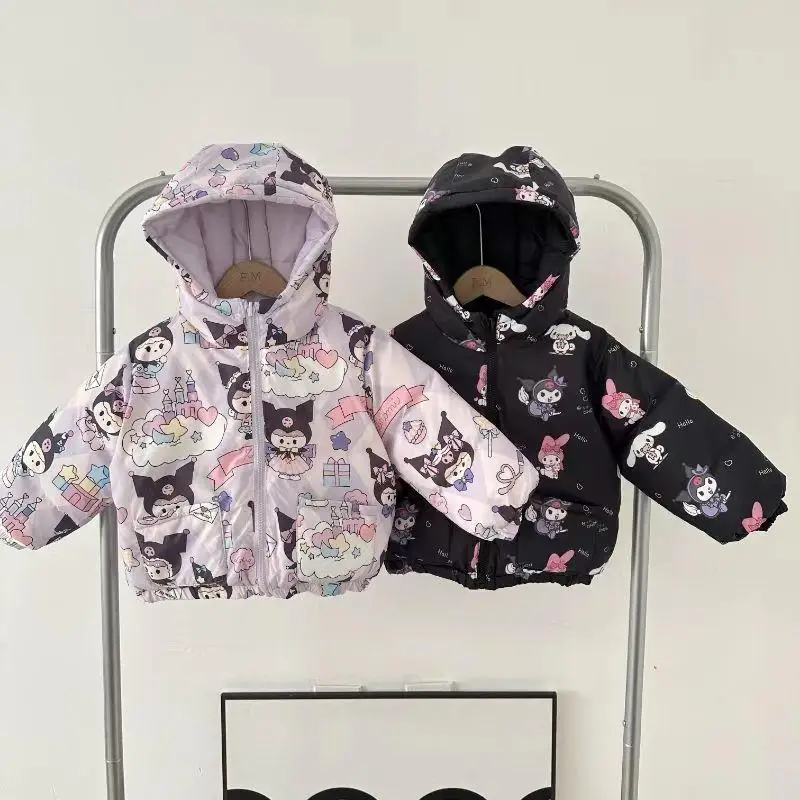 

Kawaii Мультфильм Sanrios плюшевая подкладка Kuromi Милая аниме детская зимняя хлопковая одежда сохраняющая тепло Двусторонняя хлопковая стеганая куртка