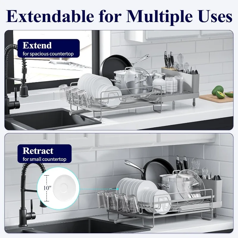 Extendable Dish Rack, Large Drying Dish Rack with Cutlery & Cup Holders, Dish Rack and Drainboard Set 2
