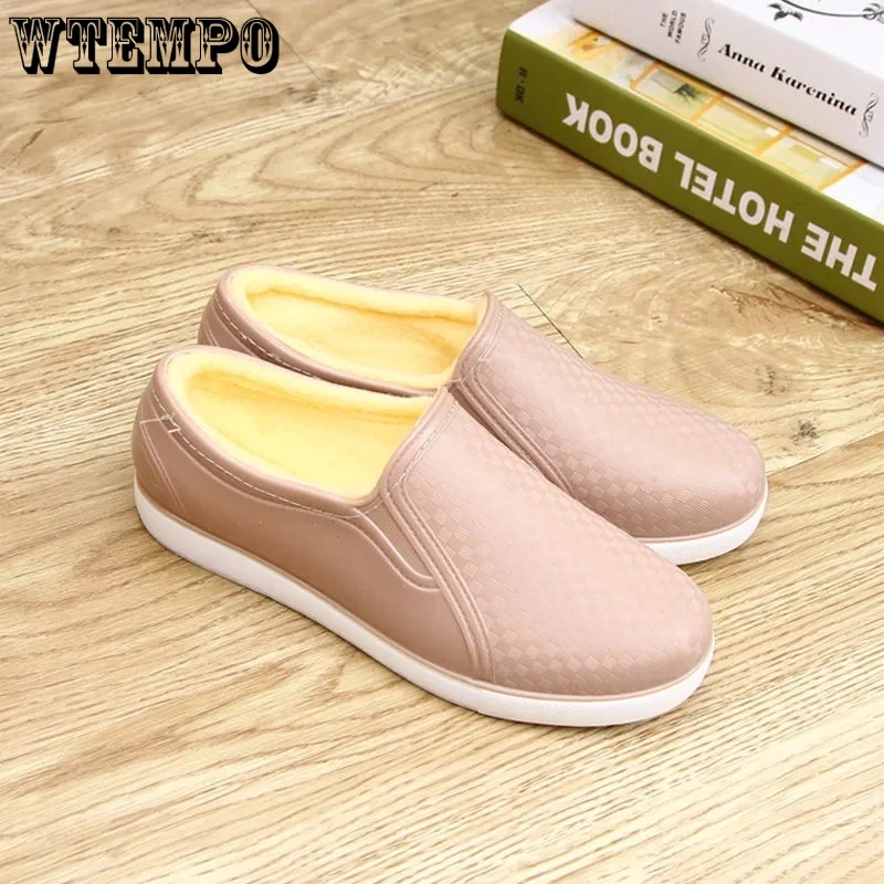 

WTEMPO зимние модные однотонные женские туфли на плоской подошве Плюшевые резиновые туфли новые Нескользящие водонепроницаемые повседневные хлопковые дождливые туфли Прямая поставка