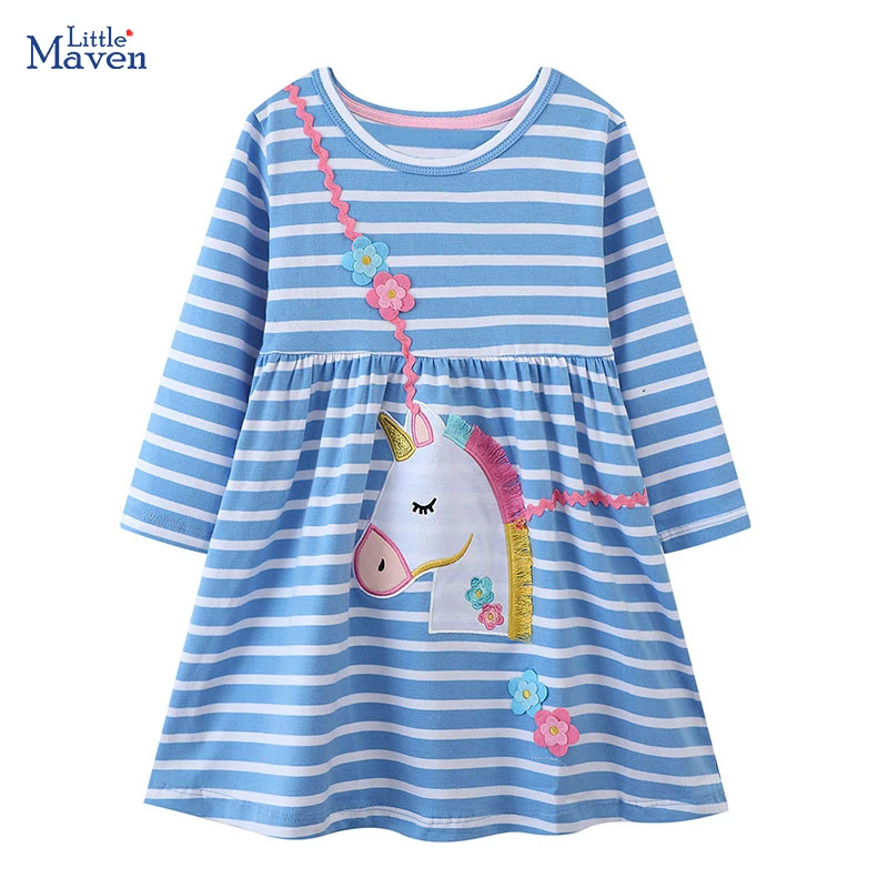 

Little maven Kids Clothes 2024 Autumn Spring Children's Clothing Cotton Fall Baby Girls Long Sleeves Cartoon Unicorn Dresses
