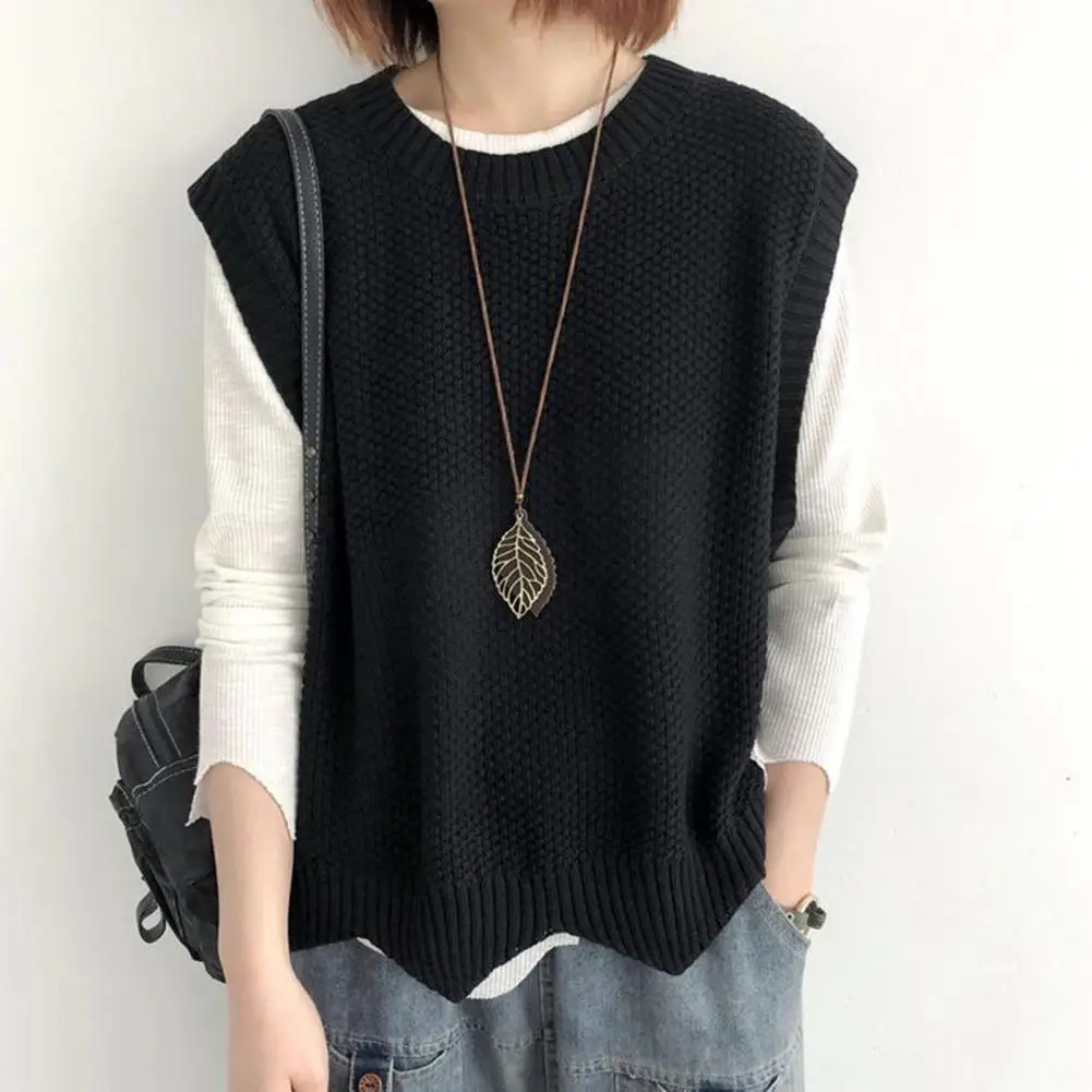 

Women Knitted Vest Cozy O Neck Knitted Vest for Women Autumn Winter Top with Wavy Hem Soft Warm Waistcoat Knitwear for Style