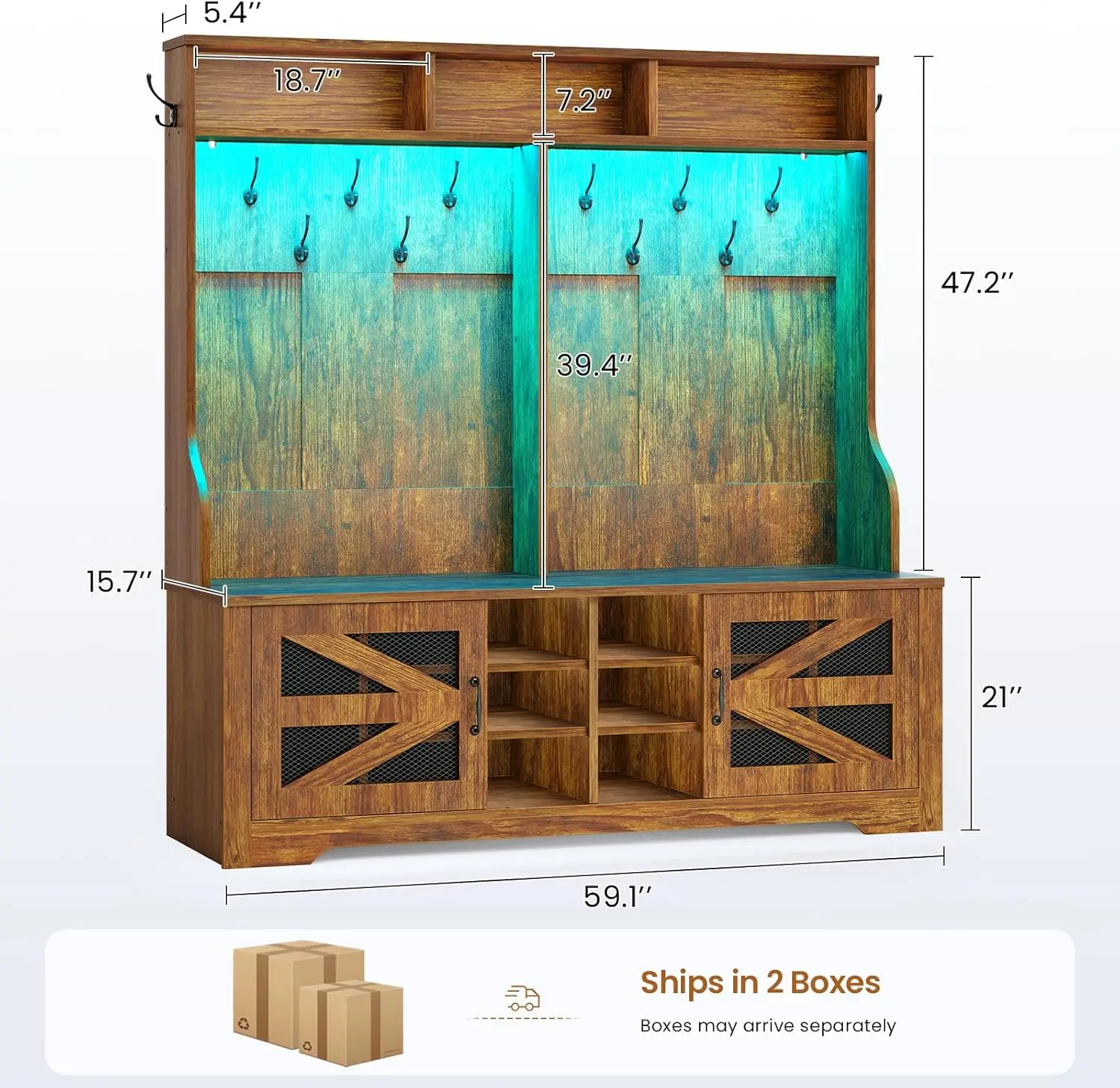 Hall Tree with Bench and Shoe Storage, 5-in-1 Entryway Bench with Coat Rack, 16 Shoe Cubbies & 12 Coat Hooks, Barn Door & Adjust