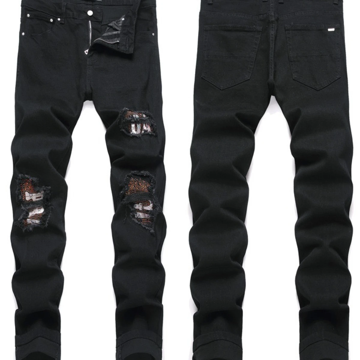 Leather Star Embroidered Jeans Men with Island Pattern Small Foot Slim Fit Perforated Pants Worn Loose Vintage Stretch Street 23