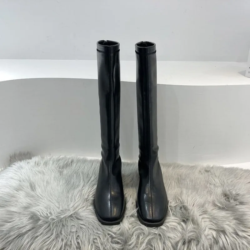 Autumn Winter Women's High Boots Fashion Soft Leather Black Long Boots Ladies Comfort Knee High Boots Thick heeled high boots