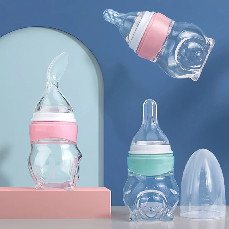1 Pc Baby Medicine Feeder Bottle 70ml Bear Design Prevent Choking With 2 Pcs Silicone Replacement Pacifier And Food Spoon Head