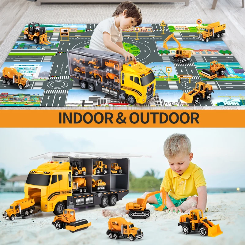 Big Construction Container Transporter Playset With 6PCS Mini Vehicle Carrier Truck Engineering Car Model Toys For Kids Gifts 6