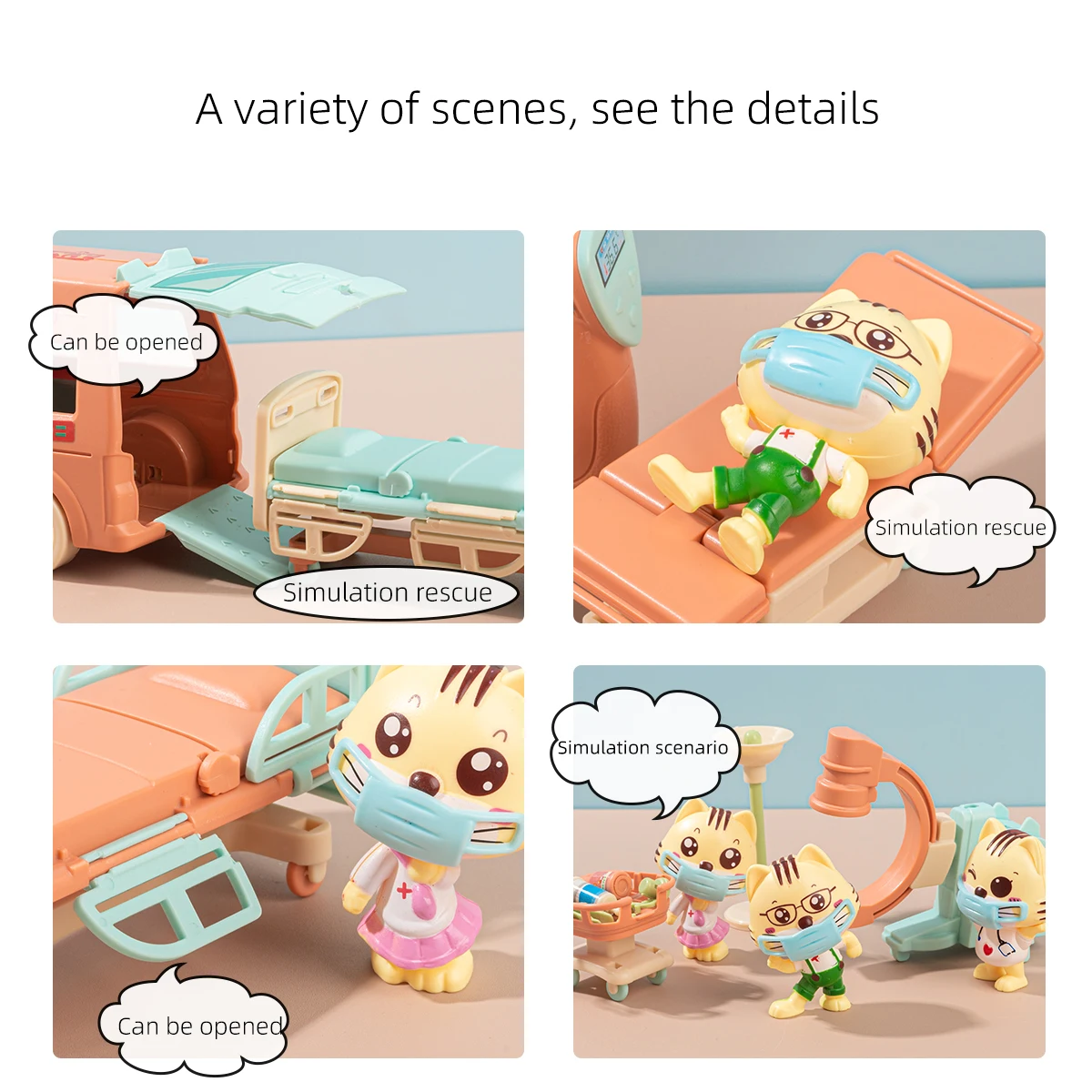 Cat Dolls Doctor Pet Pretend Play Toys, Figures Playset Toy, Hospital and Ambulance Toy with Lights and Sound, Educational Toys