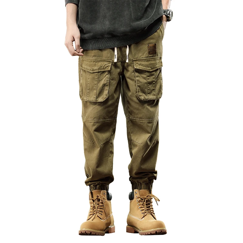 Loose Fit Men\'s Cargo Pants with Multiple Pockets, Autumn Tapered Jogger Trousers in Military Green