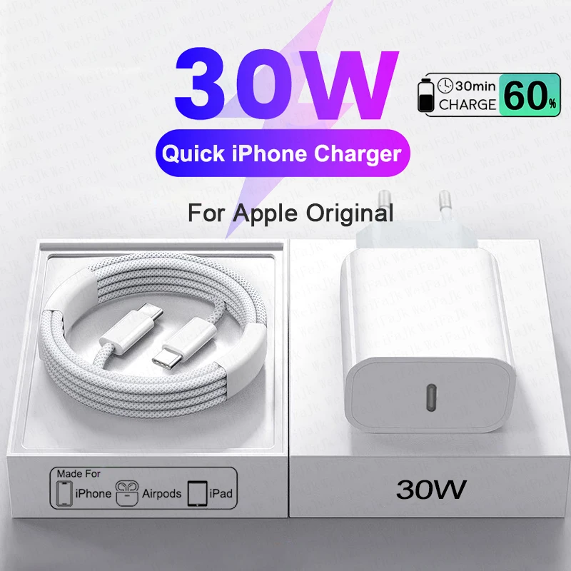 

Original 30W Type C Quick Charger For Apple iPhone 15 14 13 12 11 Pro Max X XS XR 7 8 Plus Magsafe Fast Charging Lightning Cable