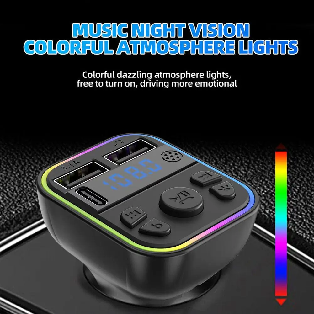 Car Bluetooth 5.0 FM Transmitter PD Type-C Dual USB 3.1A Colorful Ambient Light Handsfree MP3 Modulator Player car multimedia player car radio player car music player mp3 music player