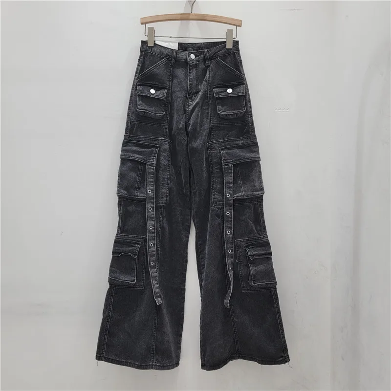 

2024 Spring Autumn New American Niche Design Multiple Pockets Washed Jeans Women Loose Wide Leg Straight Long Pants LX179