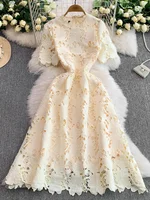 Ele Summer Lace round Ne Dr Women's High Waist Slimming Long Skirt Korean Sle Commute High Softn Regular Sve - Image 3