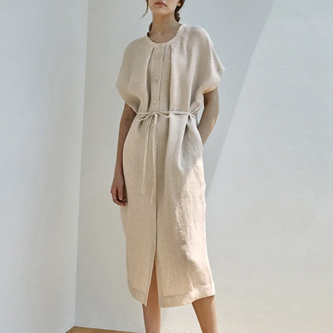 

AYUALIN Casual O-neck Short Sleeve Midi Dresses Summer 2023 Vintage 100% Linen Shirt Dress for Women Boho Beach Lady Vestidos