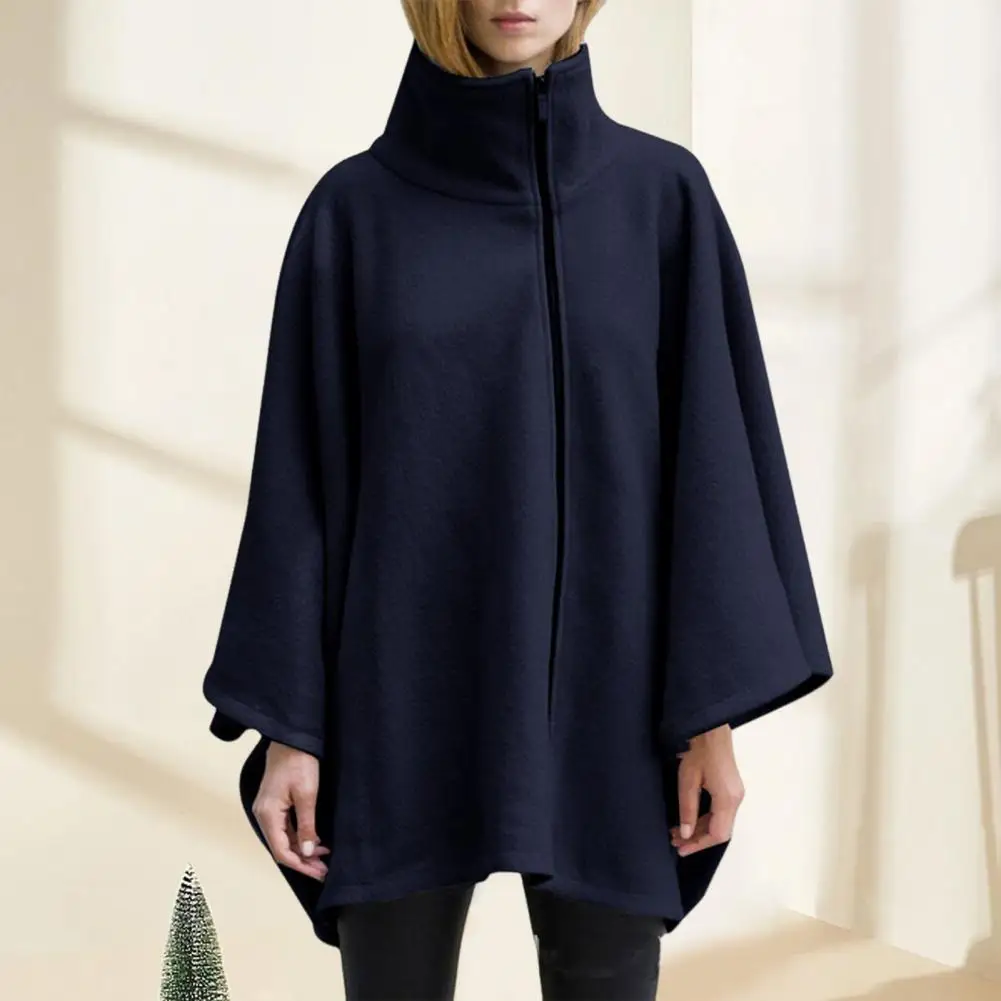 

Jacket Stylish High Collar Women's Cape Coat with Bat Sleeve Zipper Closure for Fall Winter Windproof Warm Lady Poncho