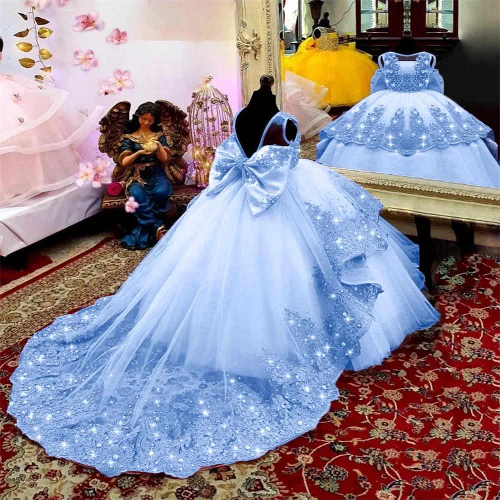 Flower girl dresses little girls beauty pageant white gown beaded lace train wedding princess pageant dress