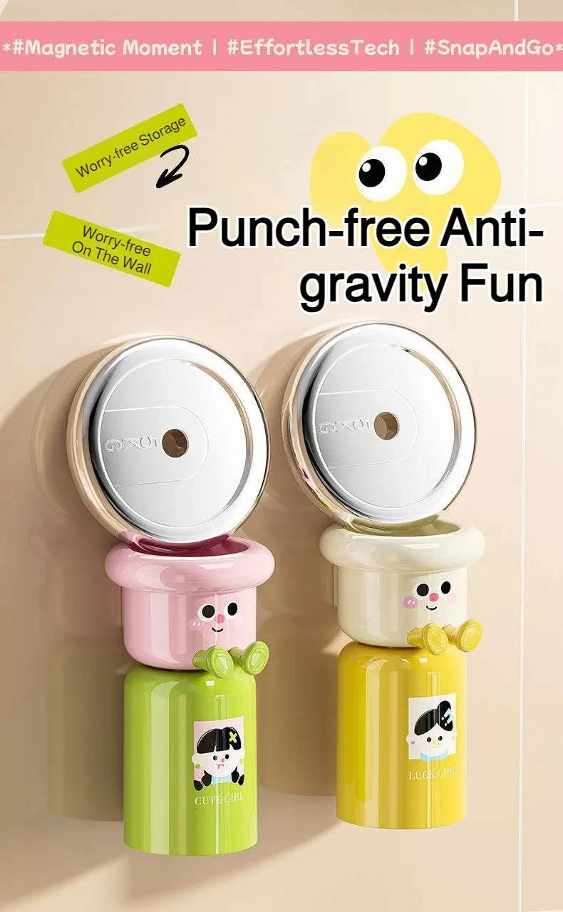 Cartoon Magnetic Toothbrush Holder Wall Mounted Bathroom Cup Organizer_voghion.com