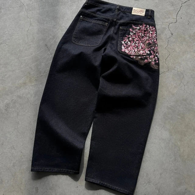 Y2K Baggy jeans Cherry Blossom Selvedge Embroidery Denim Pants men women denim fabric American Hiphop Streetwear Wide Leg Jeans 2
