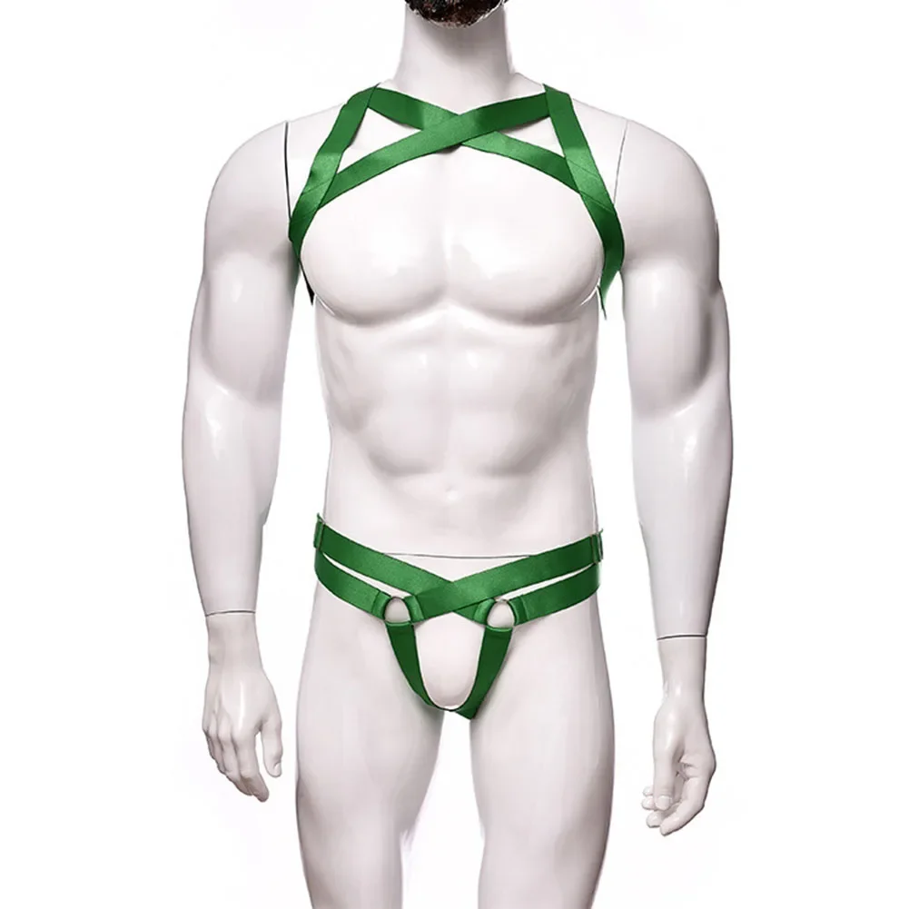 Mens Sexy Underwear Enlargement Chest Straps Dance Performances ThreePoint Suits Backless Breathable G-String Bodysuit