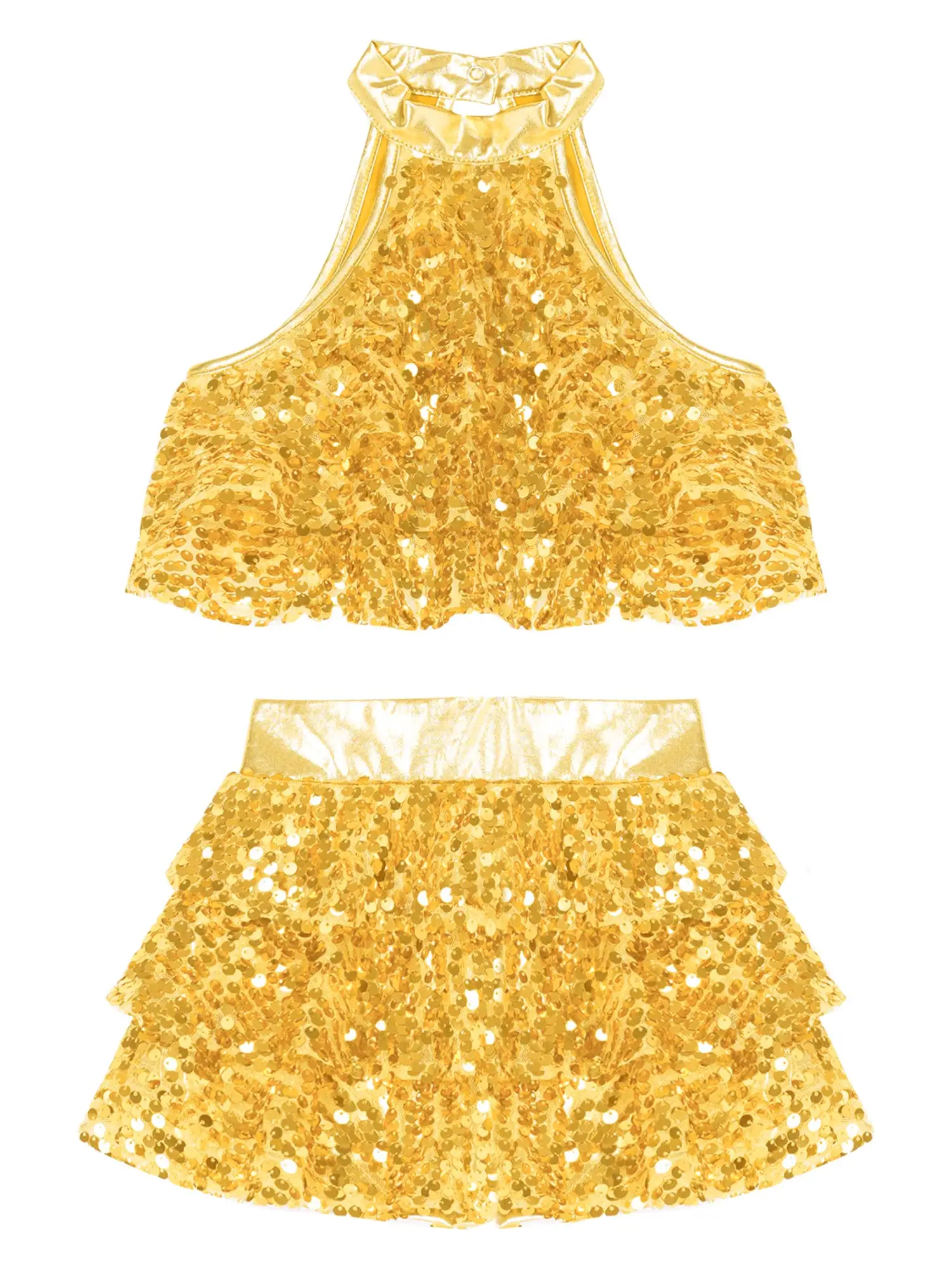 Kids Girls Stylish Clothing Sleeveless Round Collar Backless Shiny Sequins Tiered Crop Top with Elastic Waistband Skirt dance